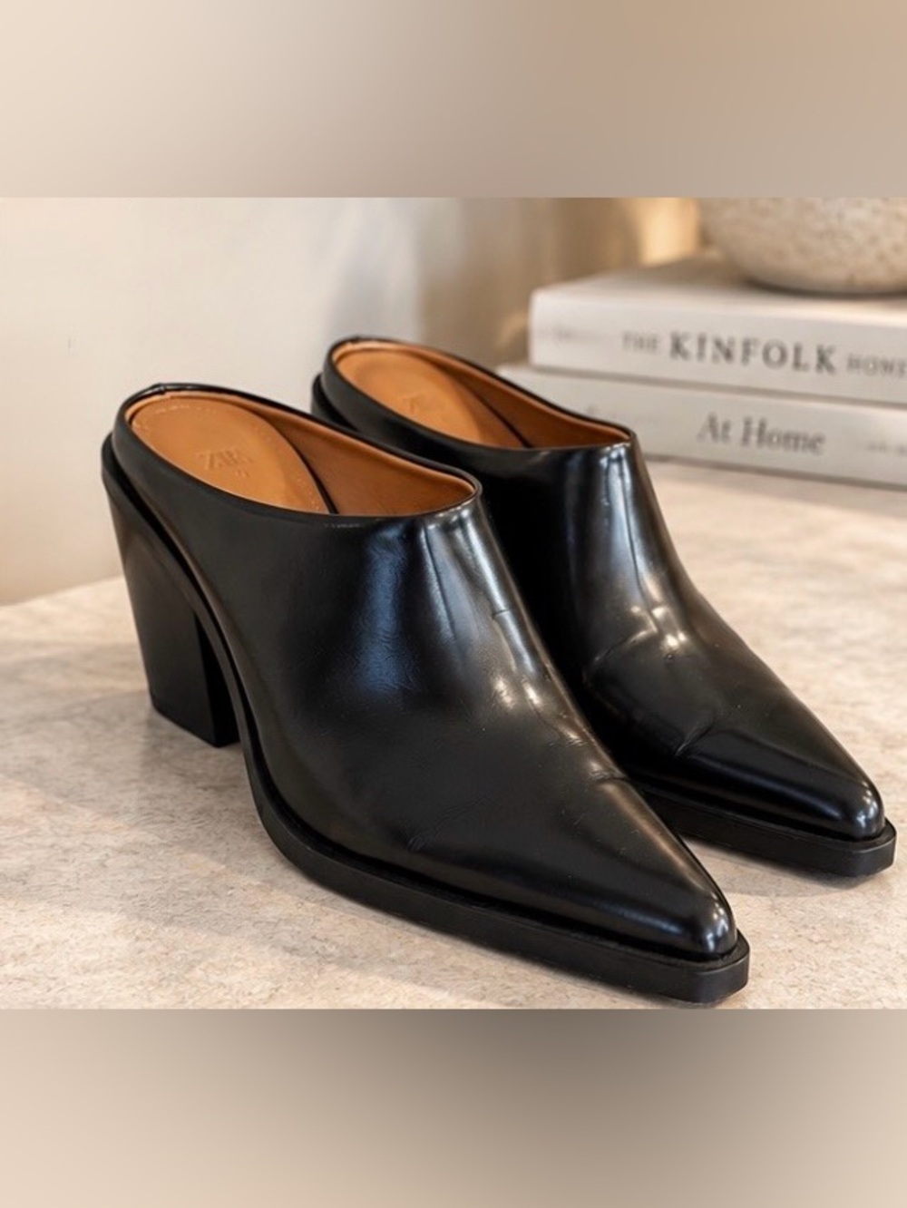 ZARA Black Leather Pointed Toe Heeled Mules | EU 39